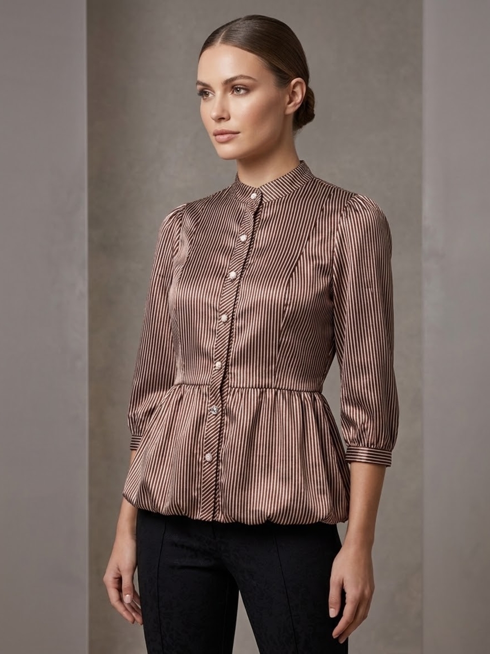 😍Max Studio Striped Peplum Blouse in Brown & White Size Medium
